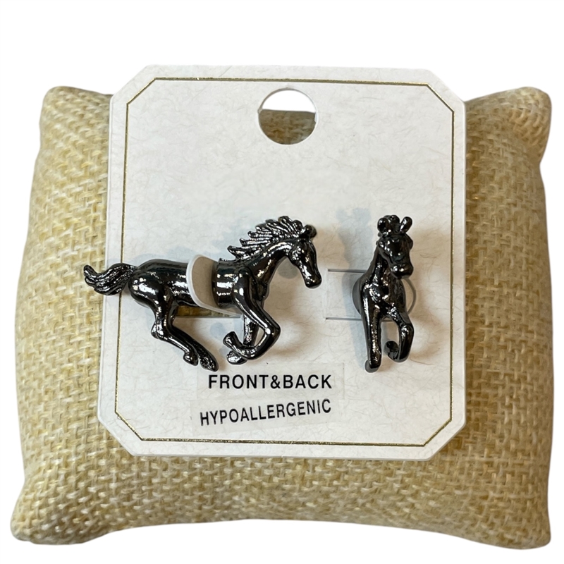 ME21697M GUN METAL FRONT & BACK HORSE STUD EARRINGS