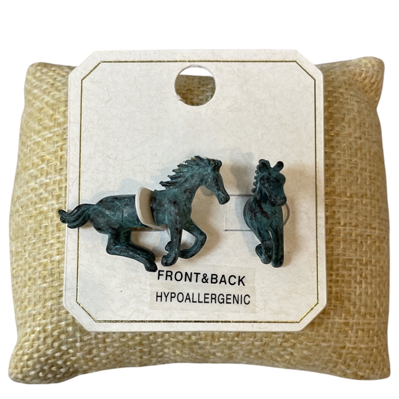 ME21697P PATINA FRONT & BACK HORSE STUD EARRINGS