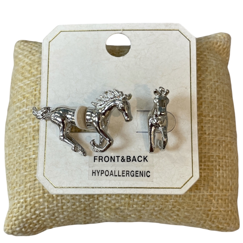 ME21697S SILVER FRONT & BACK HORSE STUD EARRINGS