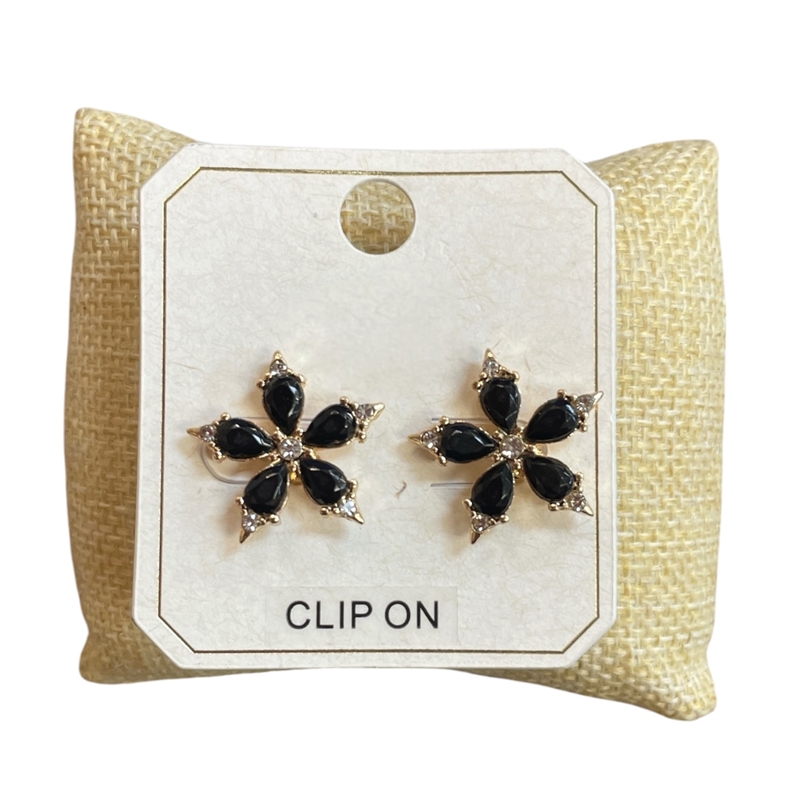 ME21824 BLACK FLOWER CRYSTAL CLIP ON EARRINGS
