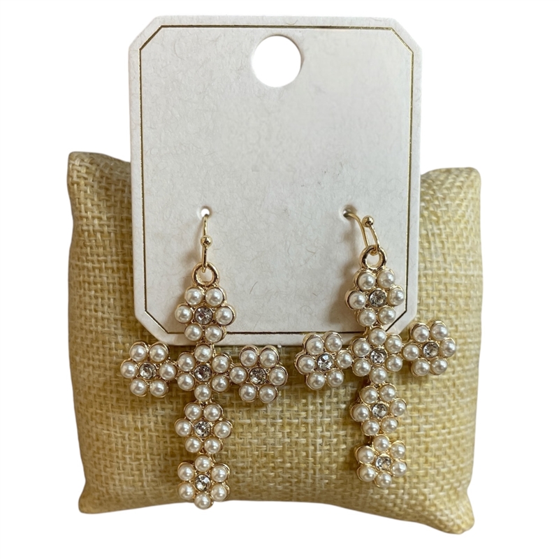 ME21825 PEARL CROSS AND RHINESTONE EARRINGS