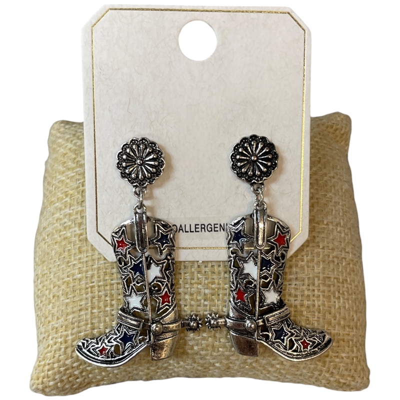 ME21830 ANTIQUE SILVER TRI COLOR BOOT DANGLE EARRINGS