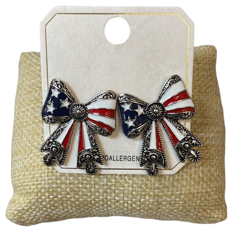 ME21831 AMERICAN FLAG SILVER ANTIQUE BOW STUD EARRINGS