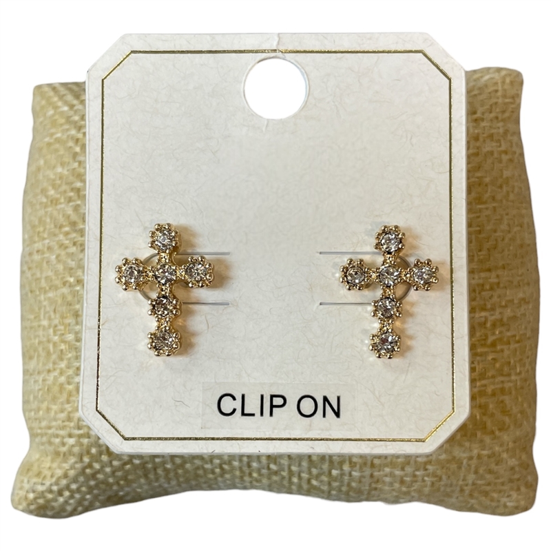 ME21834 SMALL RHINESTONE CROSS CLIP ON EARRINGS