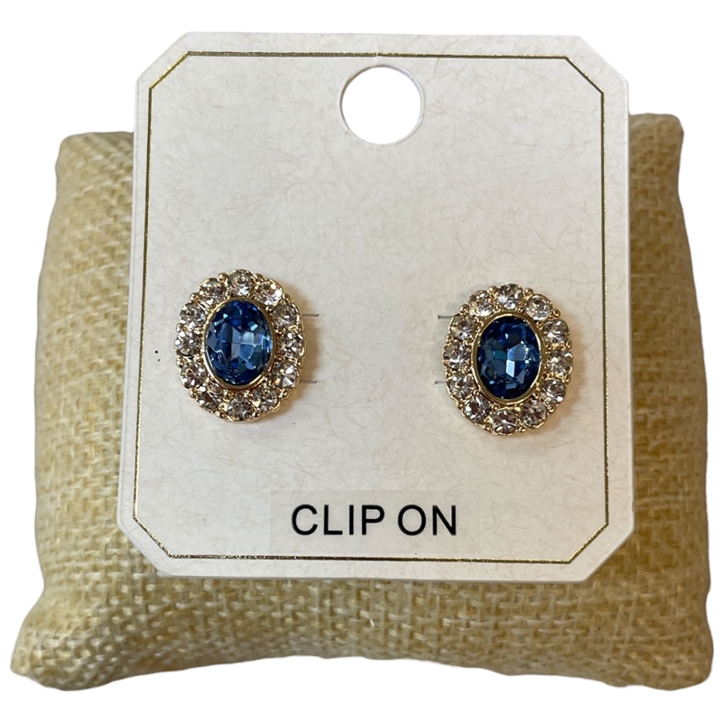 ME21843 BLUE CENTER STONE OVAL RHINESTONE CLIP ON EARRINGS