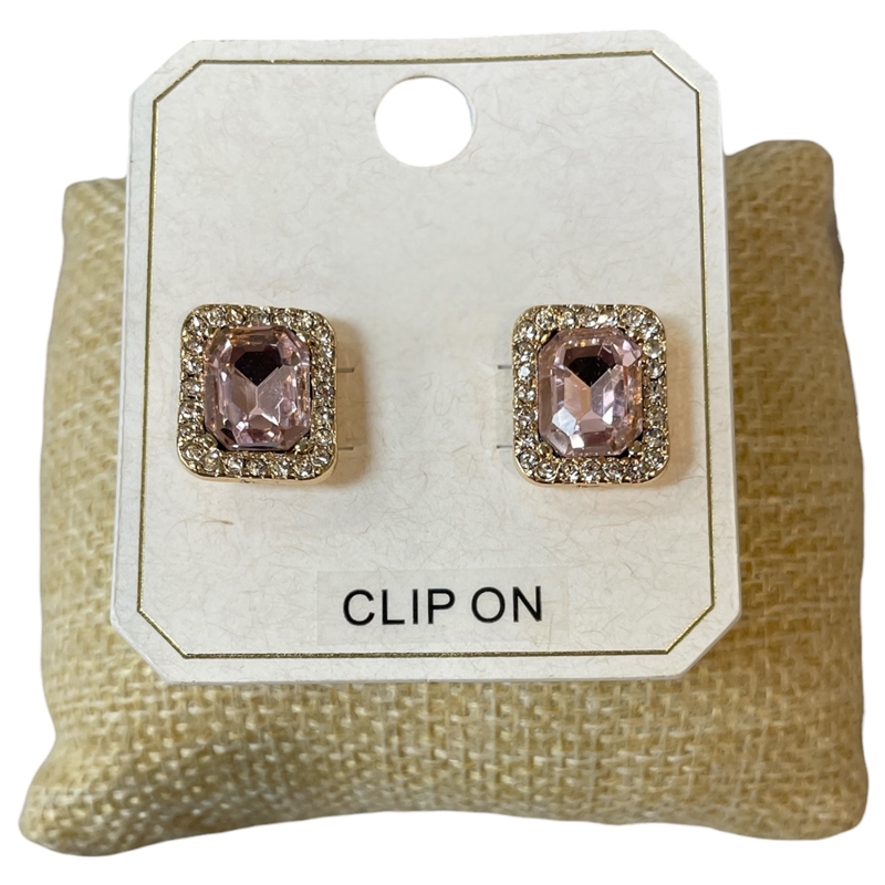 ME21848 PINK CENTER STONE SQUARE RHINESTONE CLIP ON EARRINGS