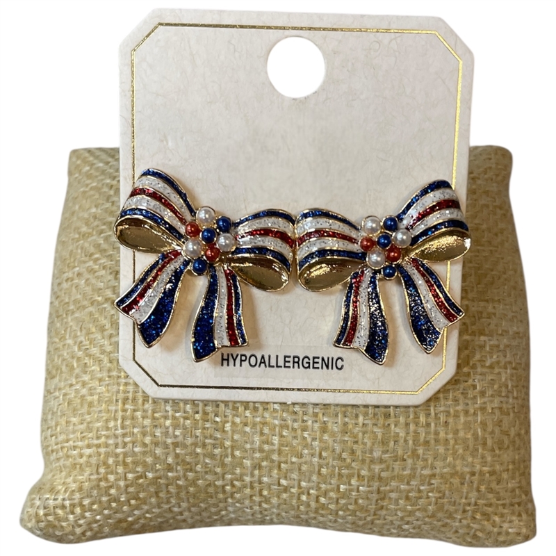 ME21856 GOLD RED WHITE BLUE BOW STUD EARRINGS