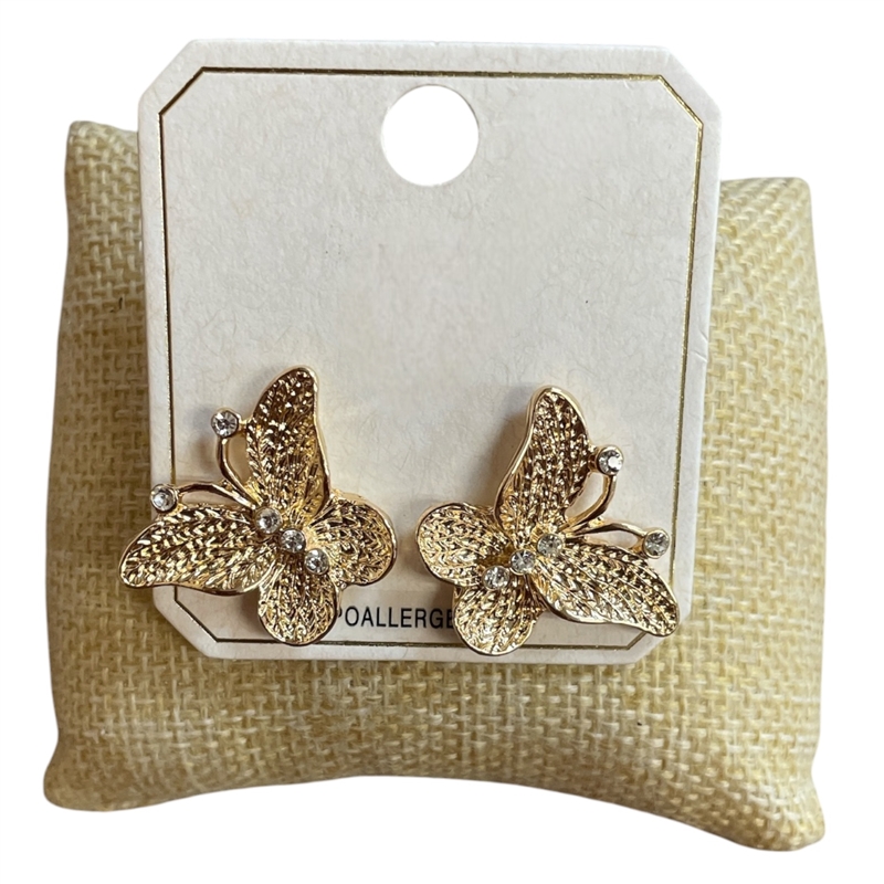 ME21886 RHINESTONE HAMMERED BUTTERFLY STUD EARRINGS