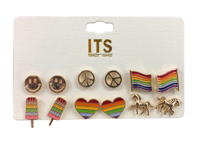 ME4945 GOLD ANTIQUE RAINBOW SMALL STUD EARRINGS SET OF 6 PAIRS