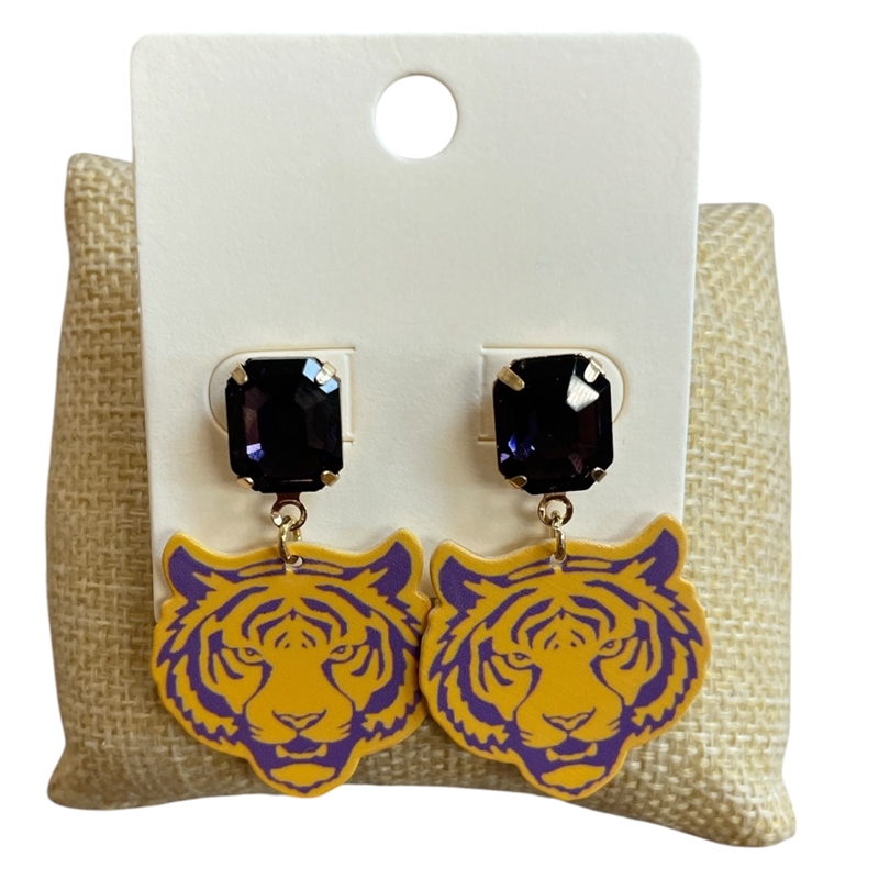 ME5833 PURPLE CRYSTAL TIGER POST DANGLE EARRINGS