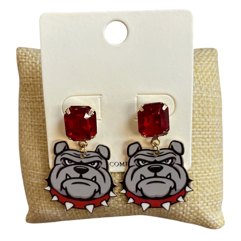 ME5835 RED CRYSTAL BULLDOG POST DANGLE EARRINGS