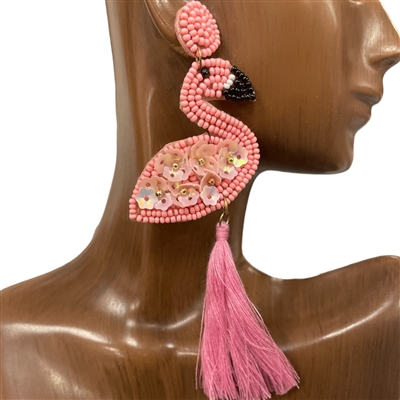 ME587  FLAMINGO & TASSEL SEED BEAD EARRINGS
