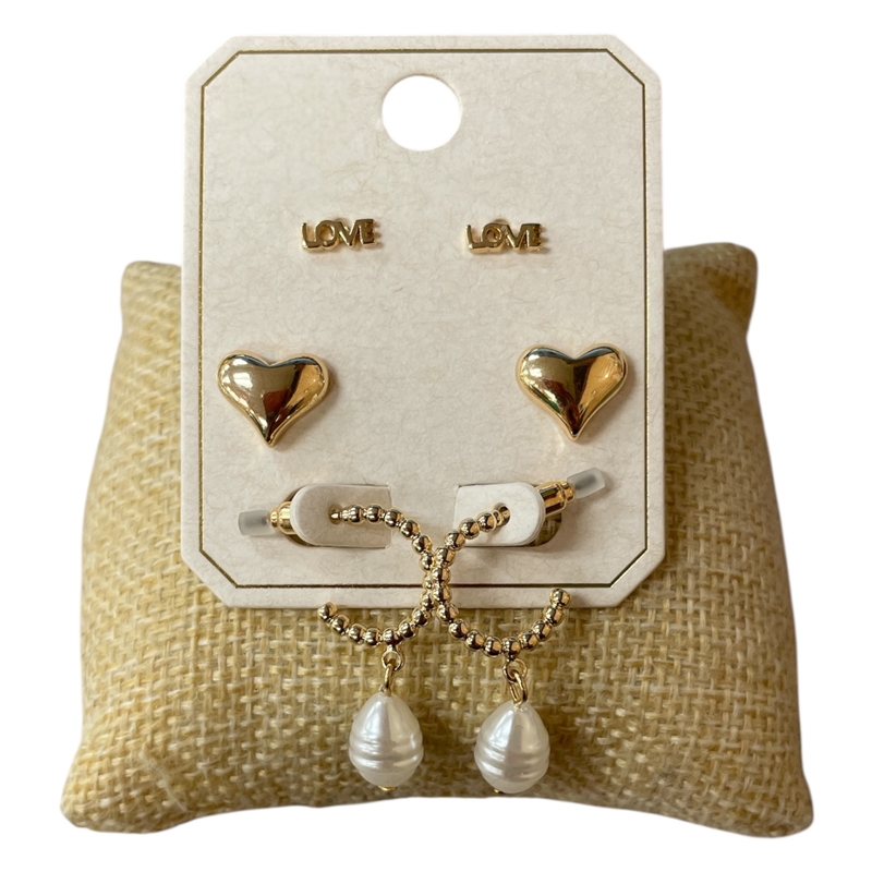 ME60005 GOLD HEART PEARL 3PC SET EARRINGS