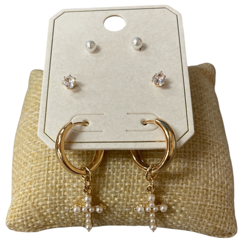 ME60024   GOLD CROSS  & PEARL  EARRINGS