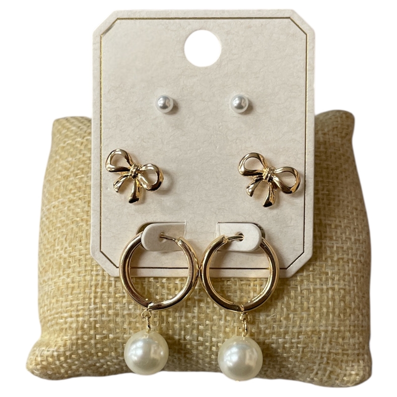ME60025 PEARL BOW GOLD 3 PAIR SET SMALL EARRINGS