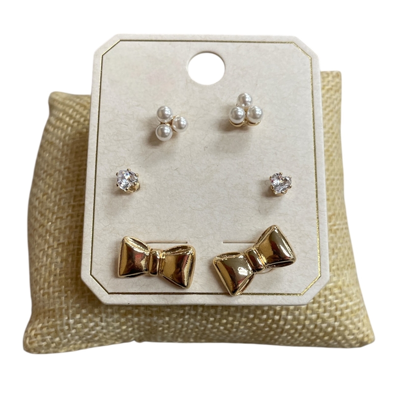 ME60026  GOLD PEARL &  BOW 3 PCS SET EARRINGS
