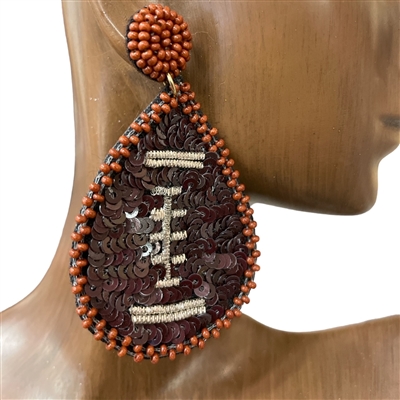 ME665 BROWN & SILVER FOOTBALL SEED BEAD EARRINGS