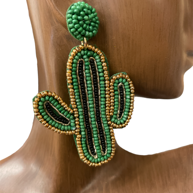 ME678  GOLD GREEN CACTUS SEED BEAD EARRINGS