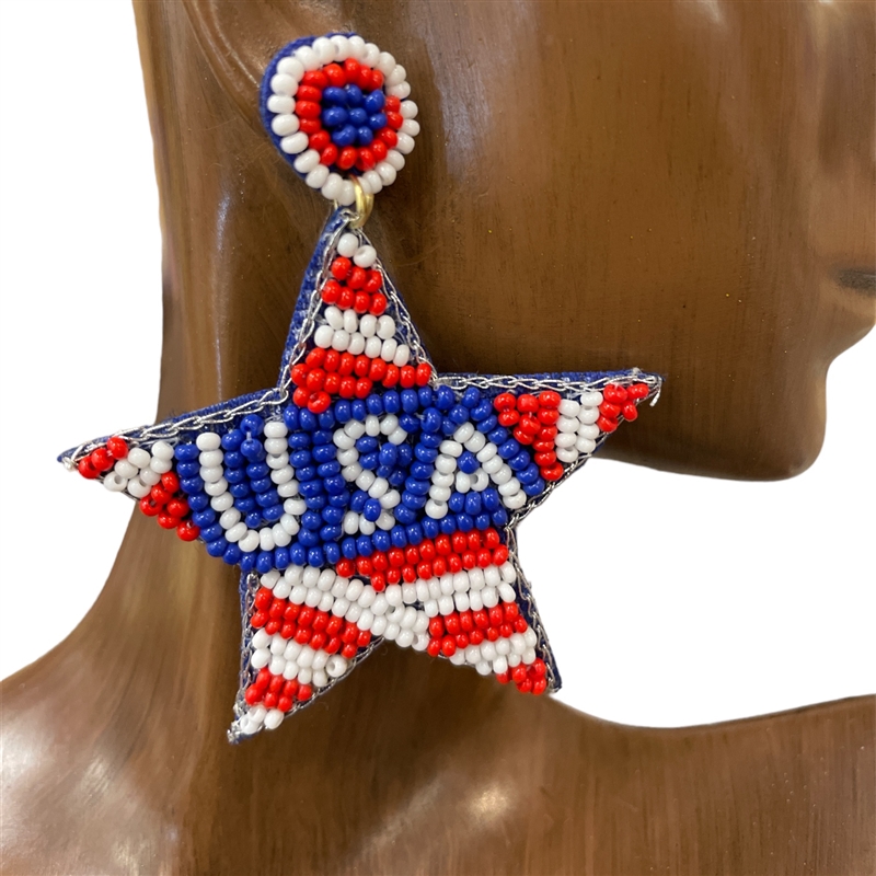 ME759 AMERICAN FLAG STAR SEED BEAD EARRINGS