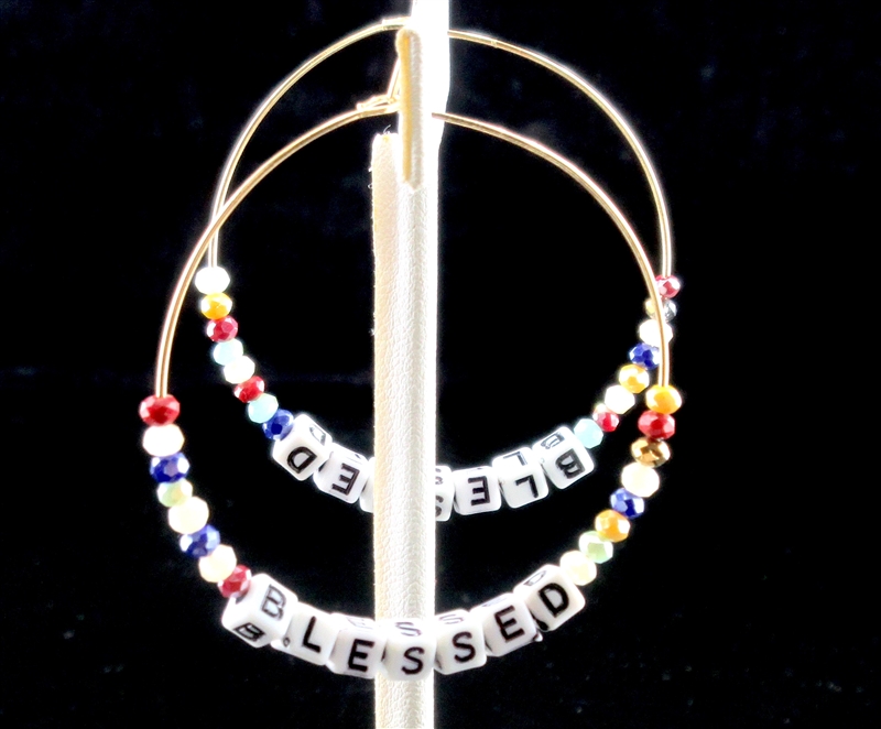 "BLESSED" CRYSTAL BEADED SMALL HOOP