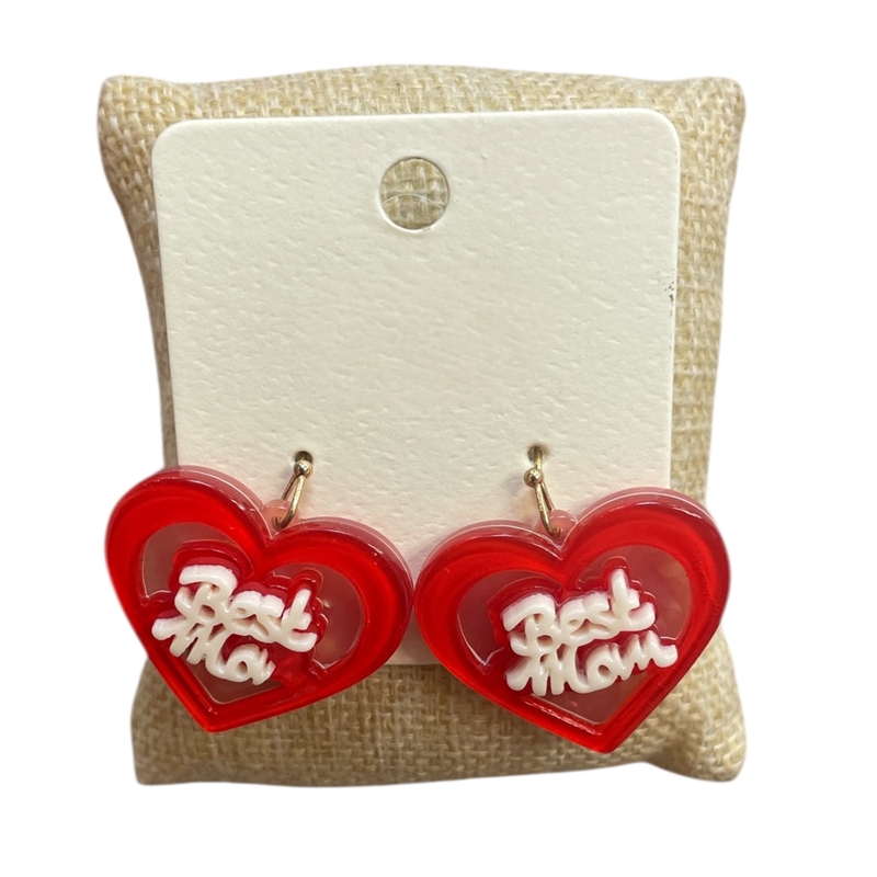 ME90397 RED ACRYLIC BEST MOM HEART EARRINGS