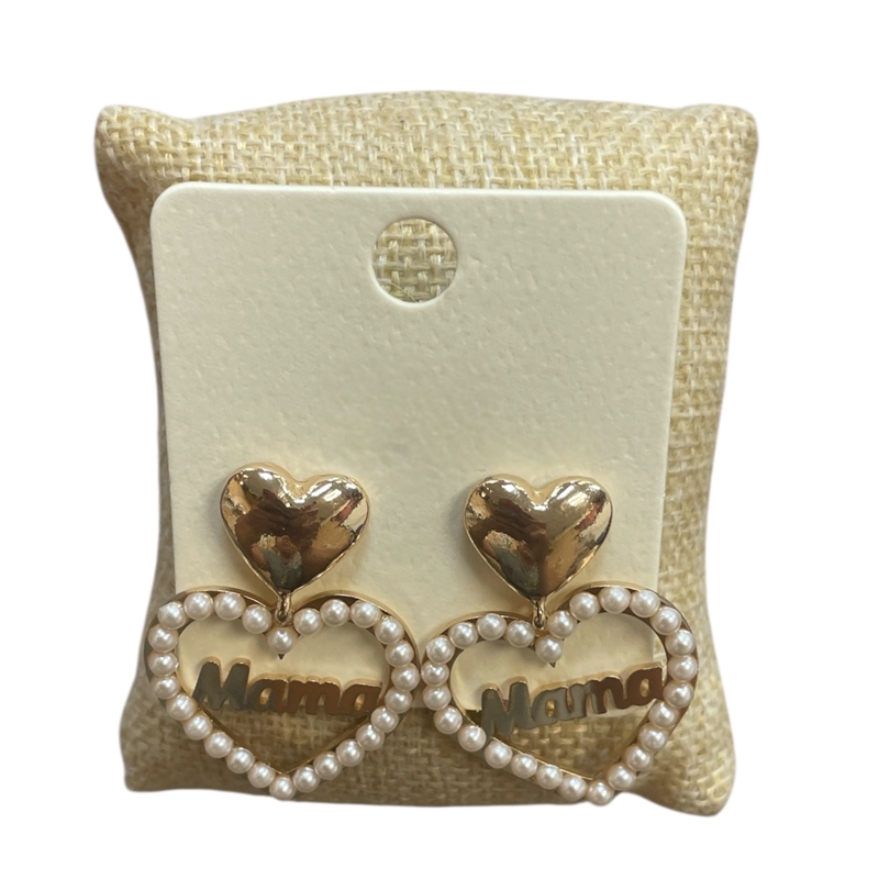 ME90791 PEARL BEADED "MAMA" HEART POST EARRINGS