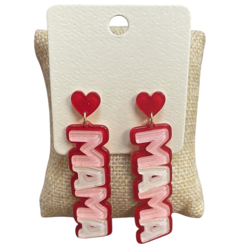 ME90807 RED MULTI ACRYLIC "MAMA" DANGLE EARRINGS