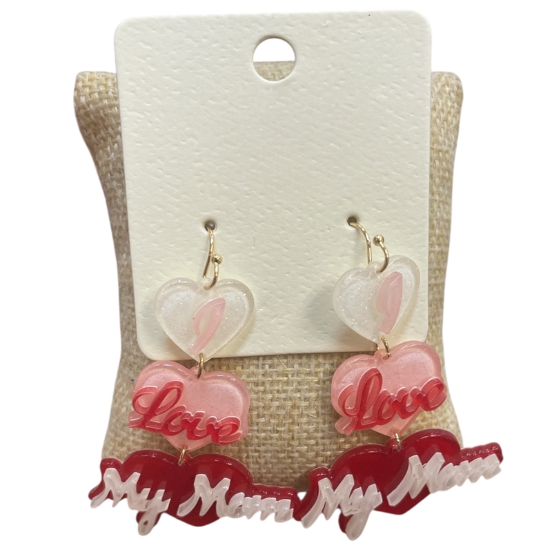 ME90809 RED MULTI ACRYLIC " I LOVE MY MOM" DANGLE EARRINGS