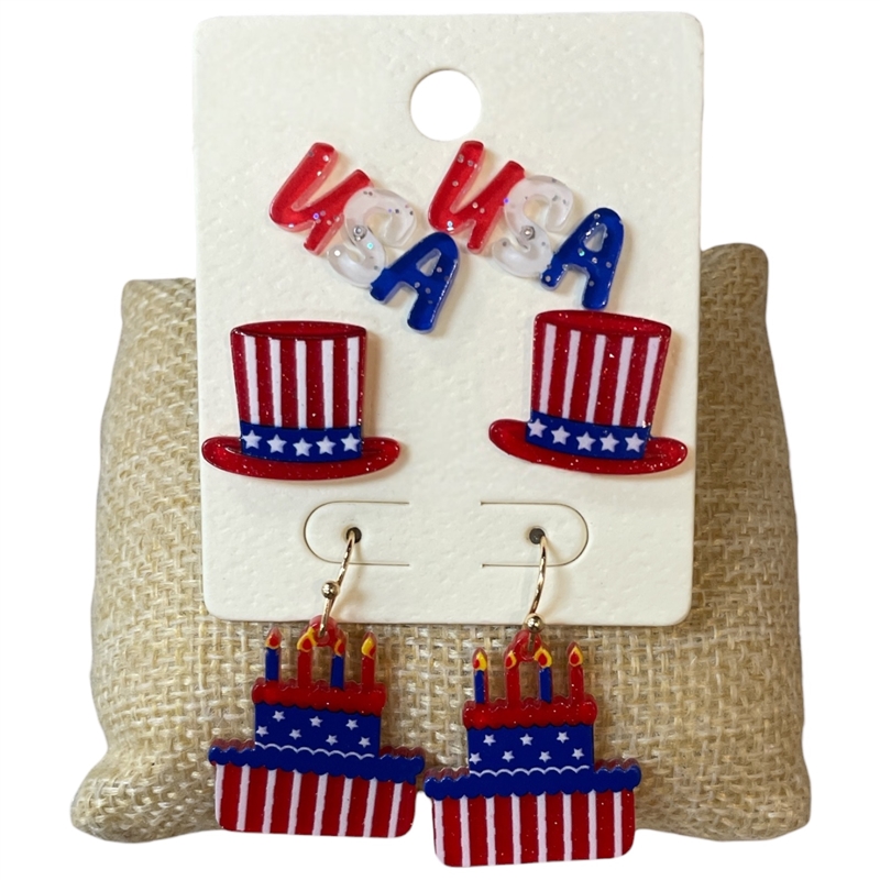 ME90829 ACRYLIC USA 3 PAIR EARRINGS SET