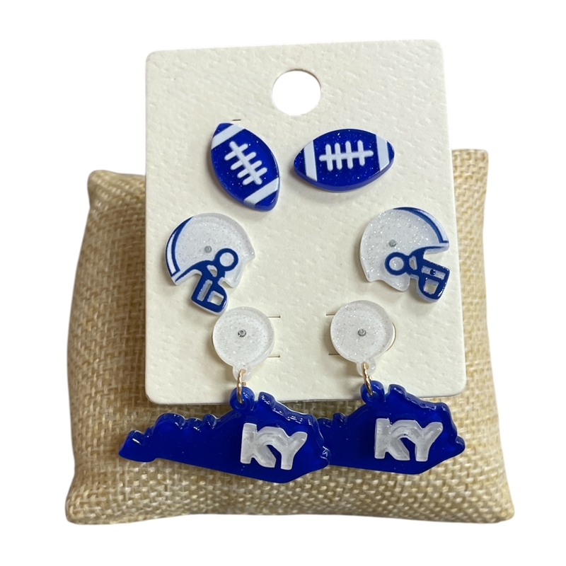 ME90853B  BLUE WHITE  3PCS SET FOOTBALL EARRINGS