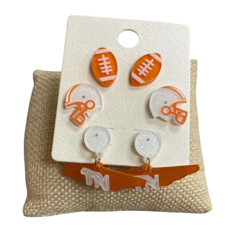 ME90853O  WHITE ORANGE  3PCS SET FOOTBALL EARRINGS