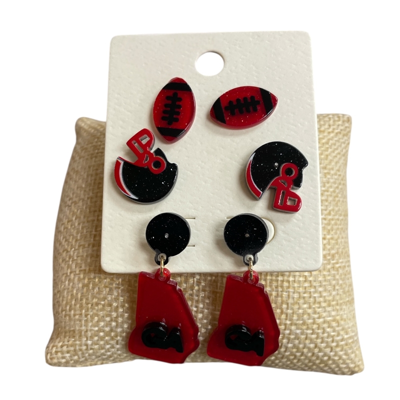 ME90853R  BLACK RED  3PCS SET FOOTBALL EARRINGS