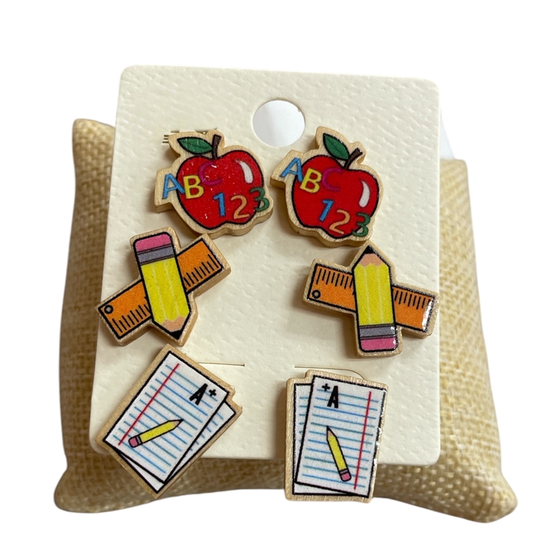 ME90959 SMALL WOOD TEACHER STUD EARRING SET