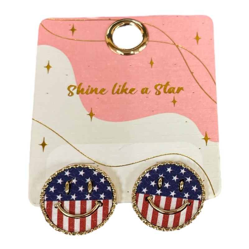ME9187 HAPPY FACE AMERICAN FLAG EARRINGS