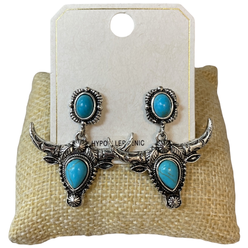 ME92012 SILVER TURQUOISE BEADED BULL HEAD POST EARRINGS