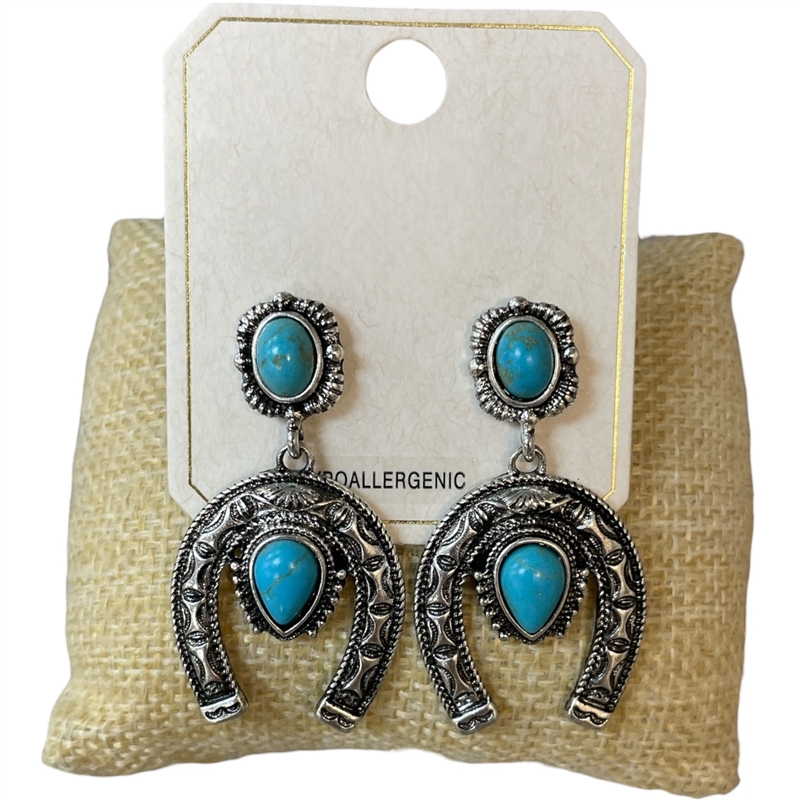 ME92013 SILVER TURQUOISE BEADED HORSE SHOE POST EARRINGS