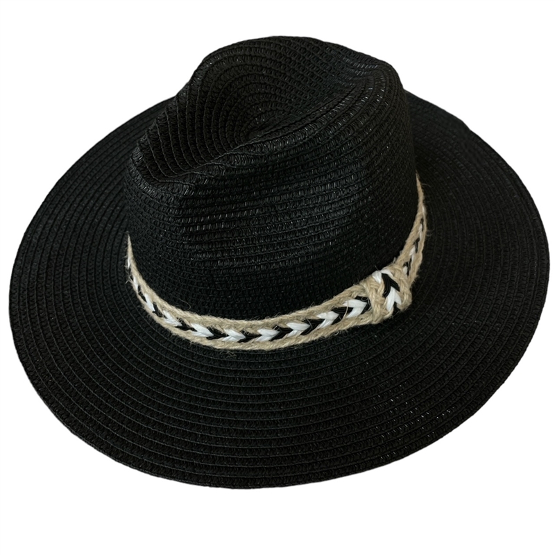 MH0108  SUMMER PANAMA HAT BLACK & WHITE  STRAW ONE SIZE 100% PAPER