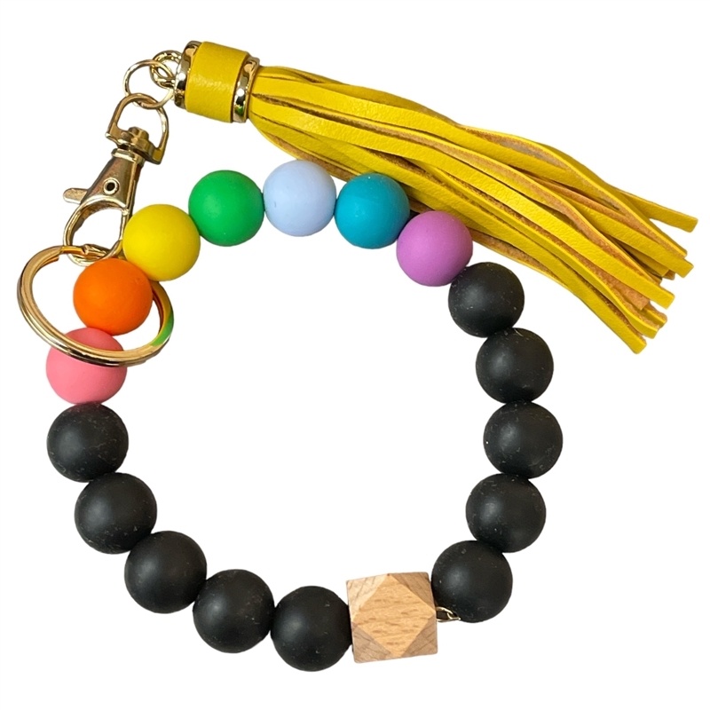 MK623 WOODEN BLACK & MULTI COLOR SILICONE  KEY RING