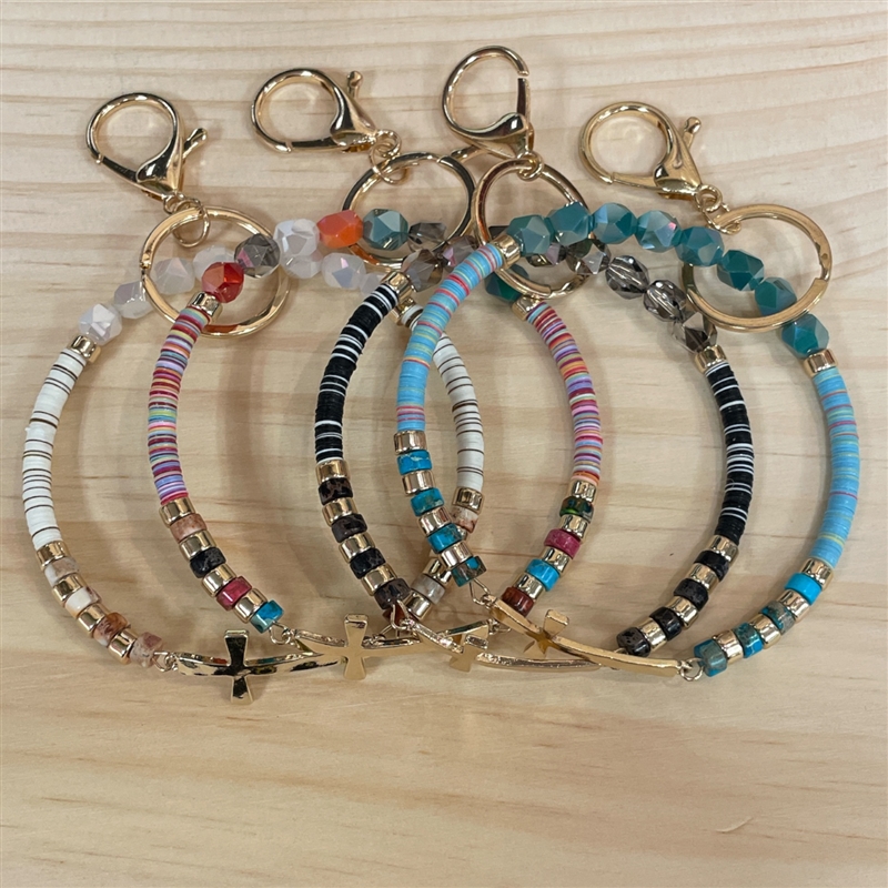 MK697B GOLD CROSS & CRYSTAL BEADED  KEY RING