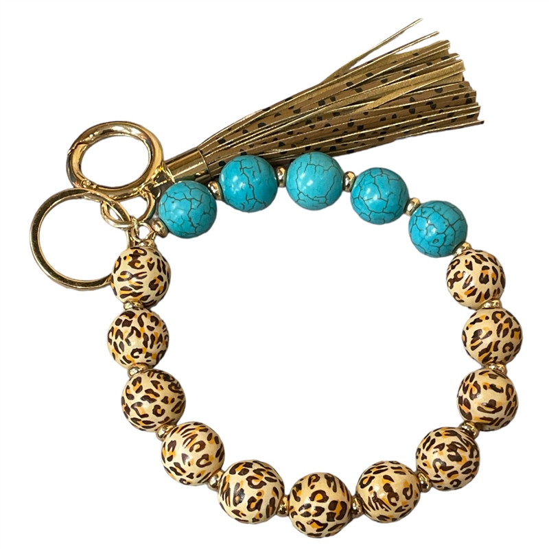 MK779 SEMI PRECIOUS & LEOPARD PRINT WOODEN KEY RING