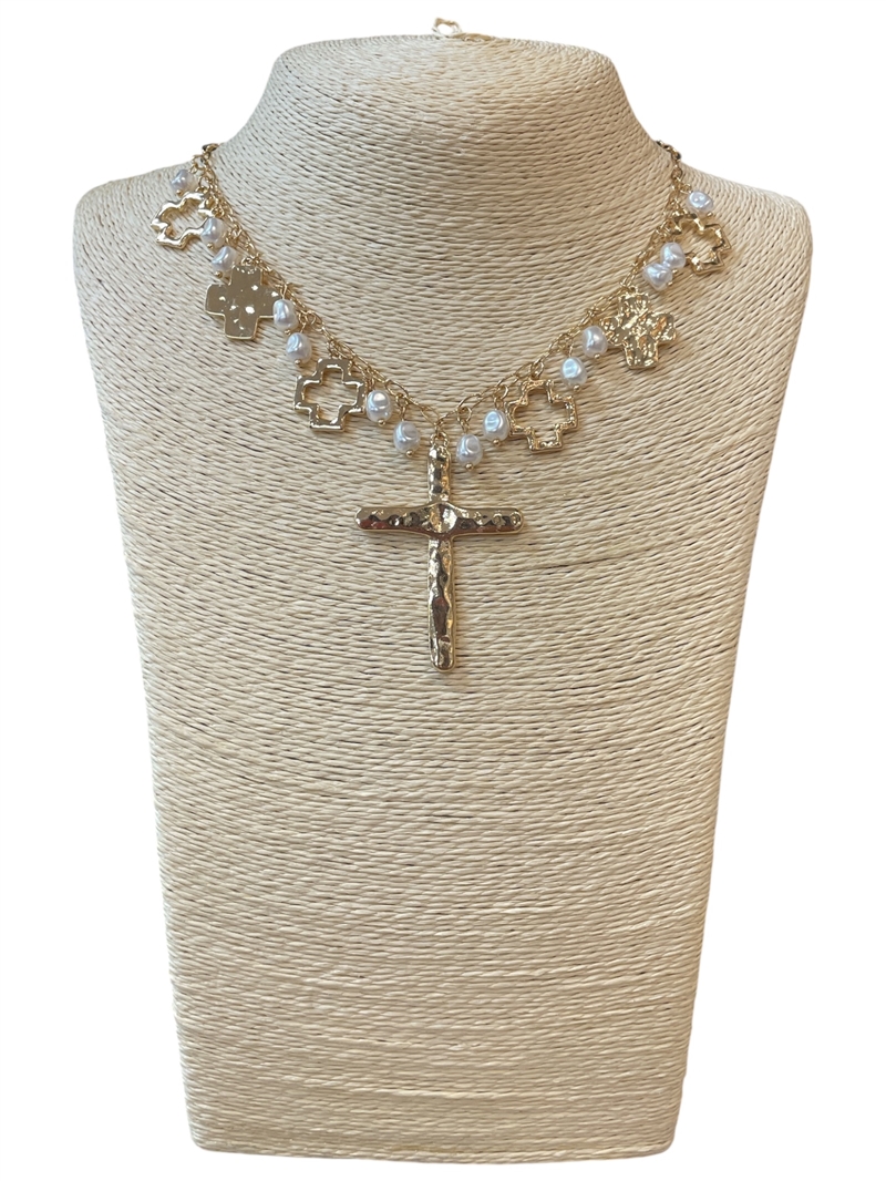 MN15101 PEARL & CROSS MULTI CHARMS GOLD NECKLACE
