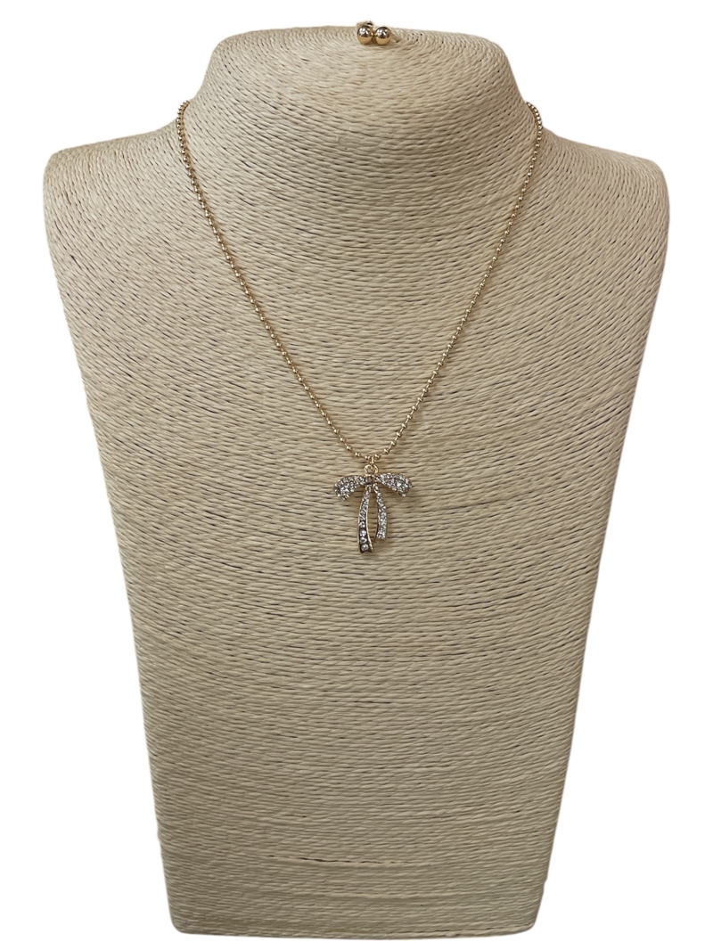 MN20075 GOLD RHINESTONE BOW NECKLACE SET