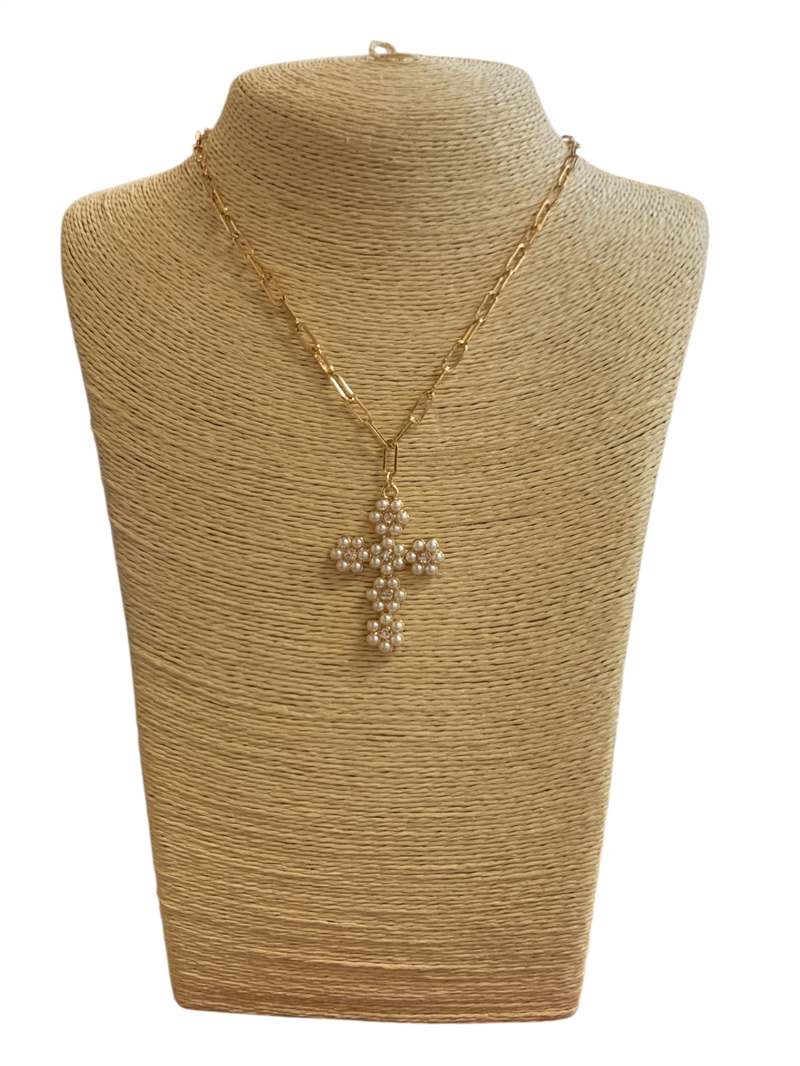 MN20117 PEARL CROSS & RHINESTONE NECKLACE