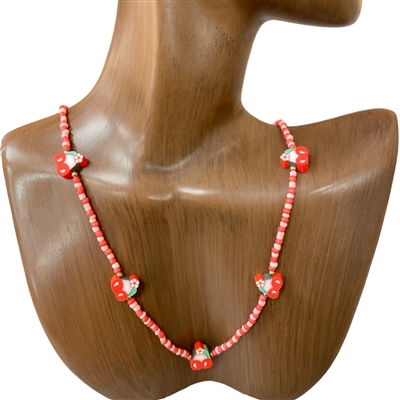 MNE8077 RED MULTI SEED BEAD CHERRY SHORT NECKLACE