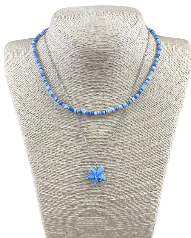 MNE8213 BLUE CERAMIC STAR FISH RUBBER DISC SHORT LAYERED NECKLACE