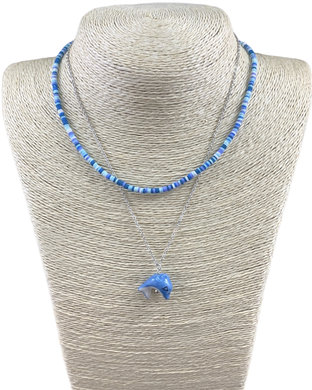 MNE8215 BLUE CERAMIC DOLPHIN RUBBER DISC SHORT LAYERED NECKLACE