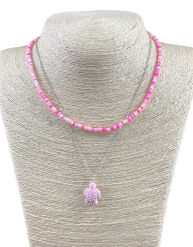 MNE8220 PINK CERAMIC TURTLE RUBBER DISC SHORT LAYERED NECKLACE