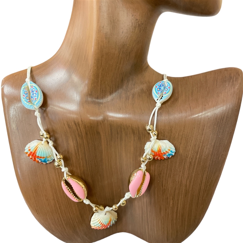 MNE8236 KNITTED GOLD MULTI BEADED SEA SHELL NECKLACE