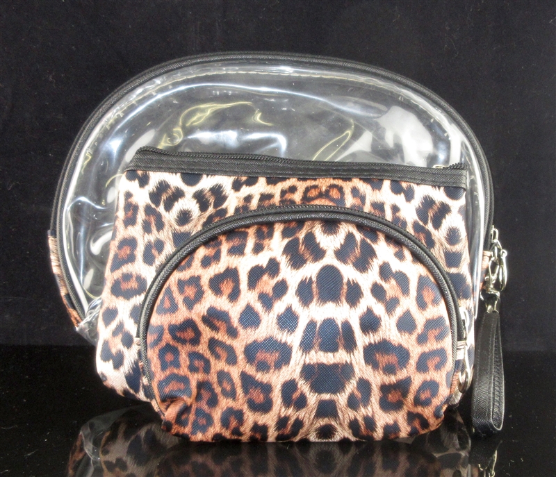 MP0075-2 CLEAR & LEOPARD PRINT MAKE UP BAG SET OF 3