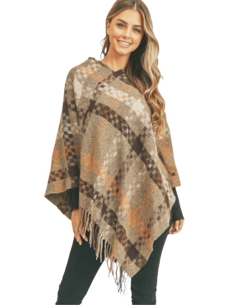 MS0257TP  TAUPE MULTI COLOR PIXEL CHECK PONCHO